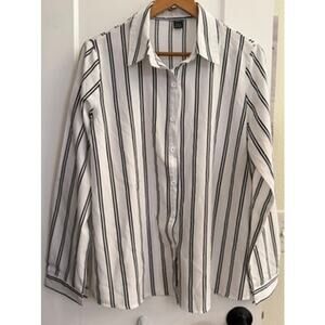 Women’s Black White Vertical Striped Button-Down Workwear Blouse Stretch Shein‎